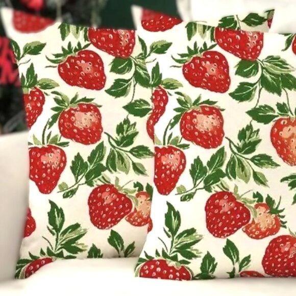 Set/2 18x18 Farmhouse Cottage Summer Strawberry Throw Pillow Cushion Covers New - Picture 1 of 3